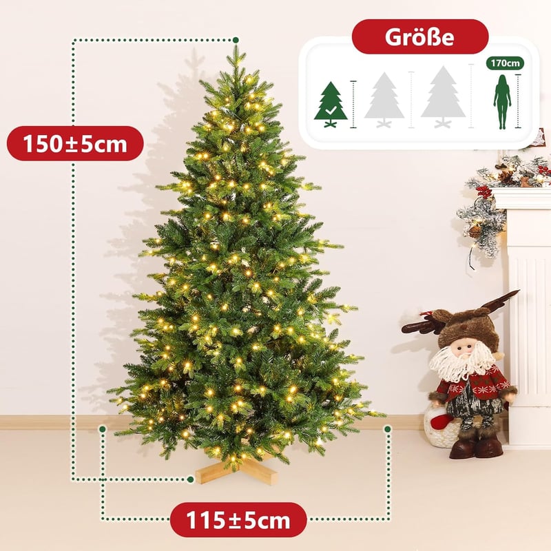 Yorbay Nordmann Fenyő Műkarácsonyfa 150 cm - LED Világítással, Fa Állvánnyal, PE és PVC Anyagból, Természetes Megjelenésű, Újrafelhasználhat