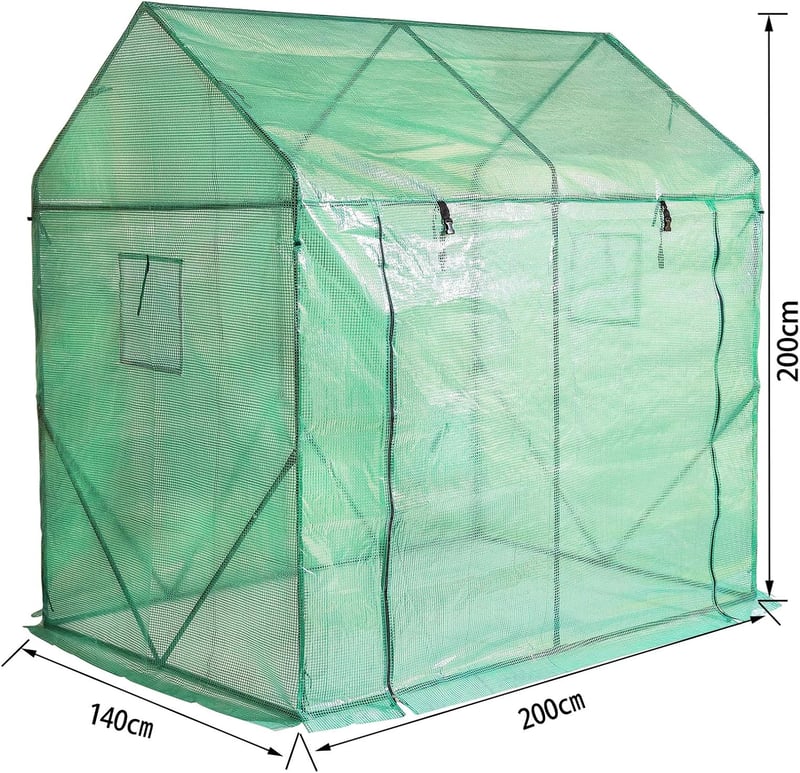 Yorbay Paradicsom Üvegház Zöld 200x140x200cm Hálós Fóliával és Ablakkal