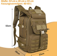 YOREPEK 50L katonai hátizsák vízálló taktikai túra camping utazás - 45L, Khaki 2