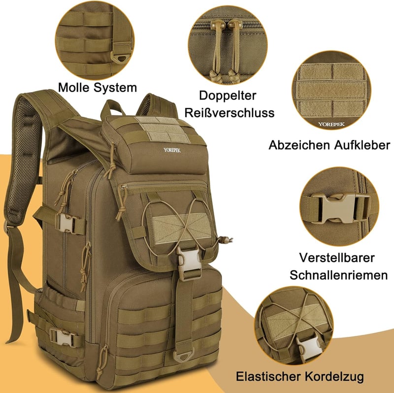 YOREPEK 50L katonai hátizsák vízálló taktikai túra camping utazás - 45L, Khaki