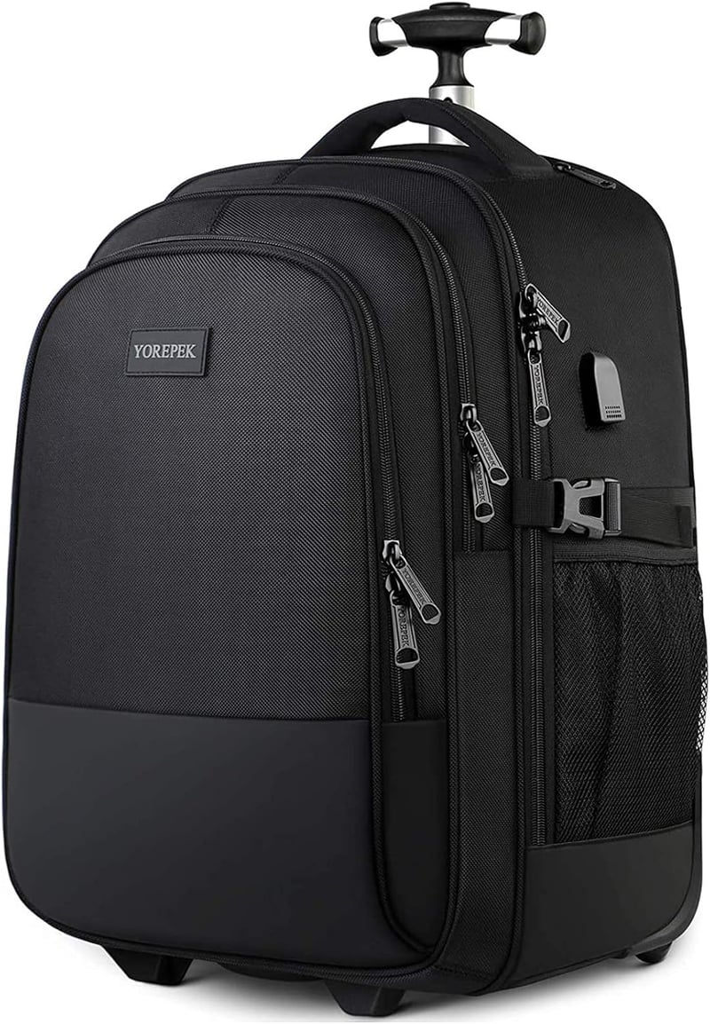 YOREPEK gurulós utazási hátizsák 17"-os laptoptartóval, USB-töltőporttal - fekete