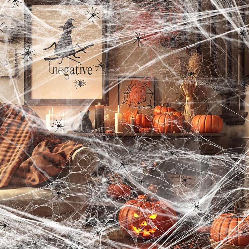 YORFULL Halloween pókháló 200g, 30 műanyag pókkal, beltéri-kültéri dekoráció
