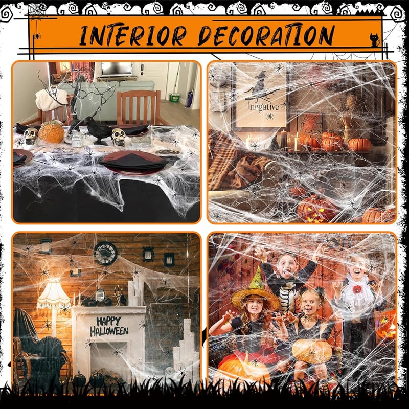 YORFULL Halloween pókháló 200g, 30 műanyag pókkal, beltéri-kültéri dekoráció