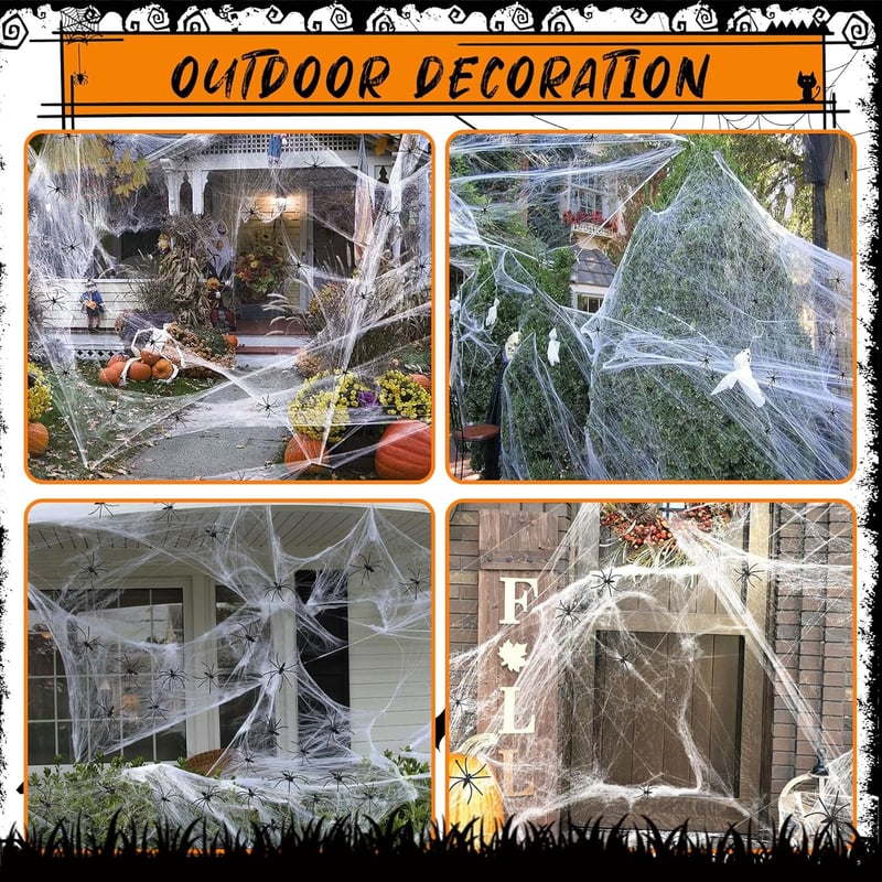 YORFULL Halloween pókháló 200g, 30 műanyag pókkal, beltéri-kültéri dekoráció