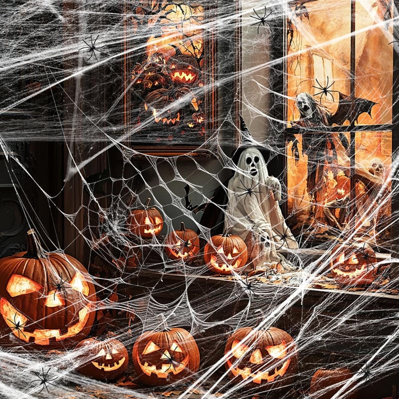 YORFULL Halloween pókháló 200g, 30 műanyag pókkal, beltéri-kültéri dekoráció
