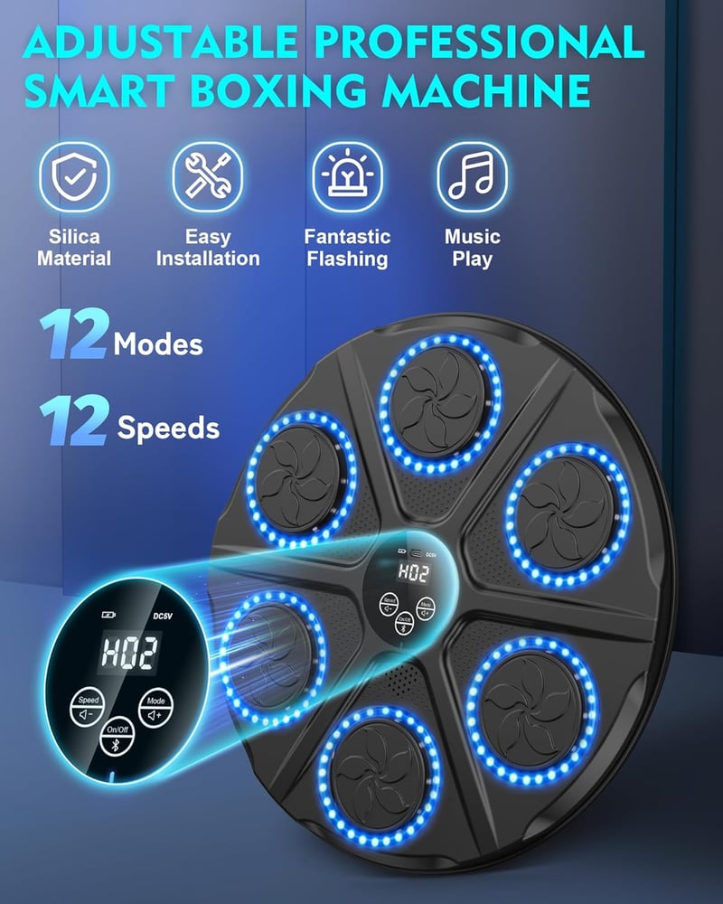 Yorraka Zenés Boxzsák LED Kijelzővel, Bluetooth, 12 Sebességfokozat és Számláló Mód - Black, Classic