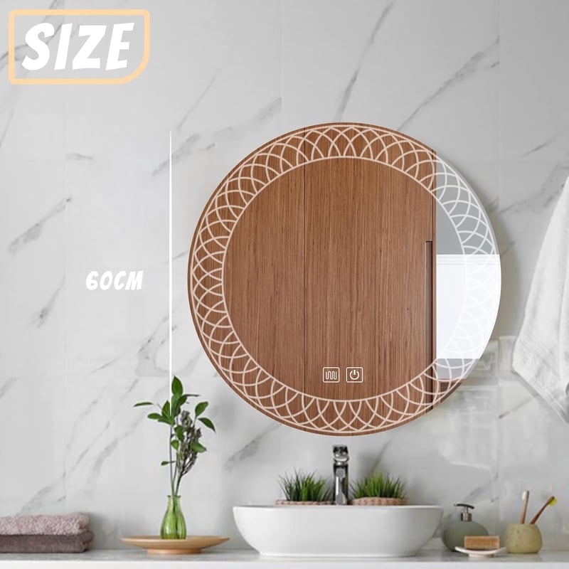 YOSHOOT 60 cm Kerek Fürdőszobai Tükör LED Világítással, Páramentesítő, Érintőgombos, Fényerőszabályzós, 3 Színhőmérséklet, IP44 Vízálló