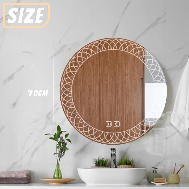 YOSHOOT 70 cm Kerek Fürdőszobai Tükör LED Világítással, Páramentesítő, Érintőgombos, Fényerőszabályzós, 3 Színhőmérséklet, IP44 Vízálló