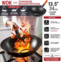 YOSUKATA 34 cm Szénacél Wok Lapos Aljjal Indukcióhoz és Gázhoz 3