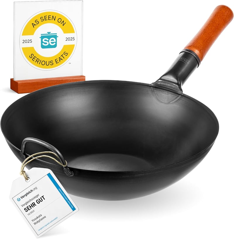 YOSUKATA 34 cm Szénacél Wok Lapos Aljjal Indukcióhoz és Gázhoz