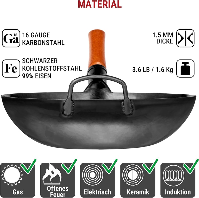 YOSUKATA 34 cm Szénacél Wok Lapos Aljjal Indukcióhoz és Gázhoz