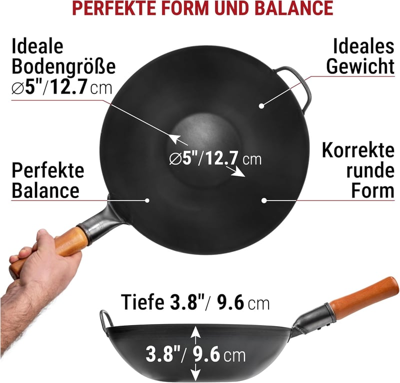 YOSUKATA 34 cm Szénacél Wok Lapos Aljjal Indukcióhoz és Gázhoz
