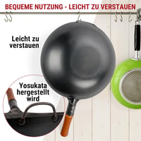 YOSUKATA 34 cm Szénacél Wok Lapos Aljjal Indukcióhoz és Gázhoz 9