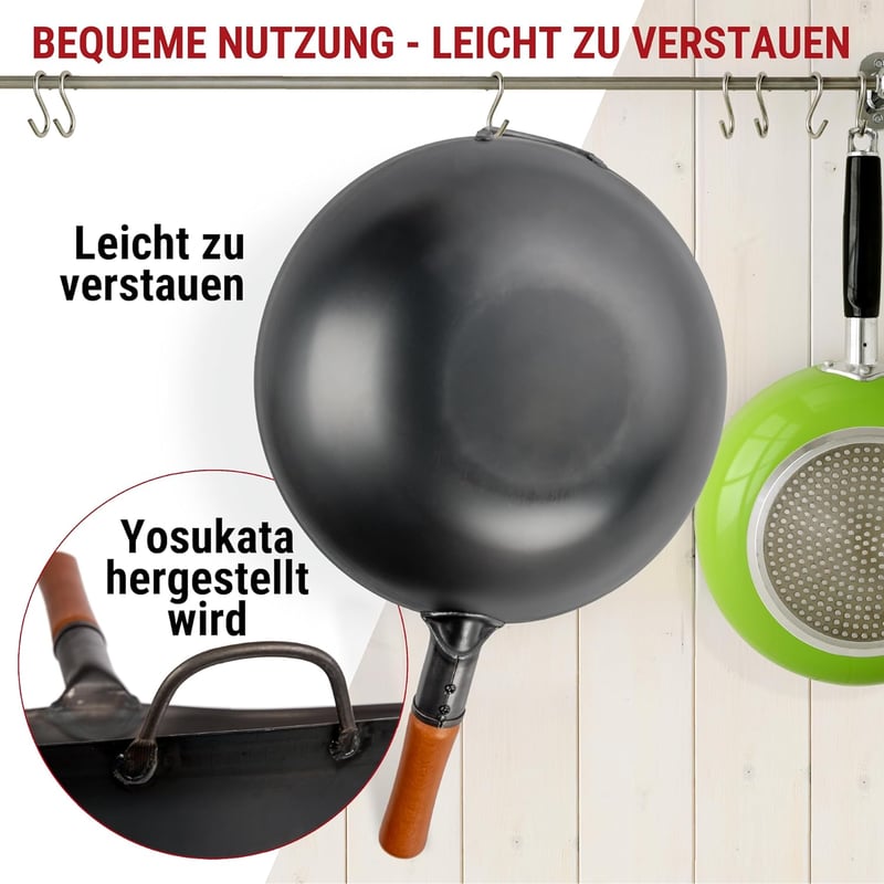 YOSUKATA 34 cm Szénacél Wok Lapos Aljjal Indukcióhoz és Gázhoz