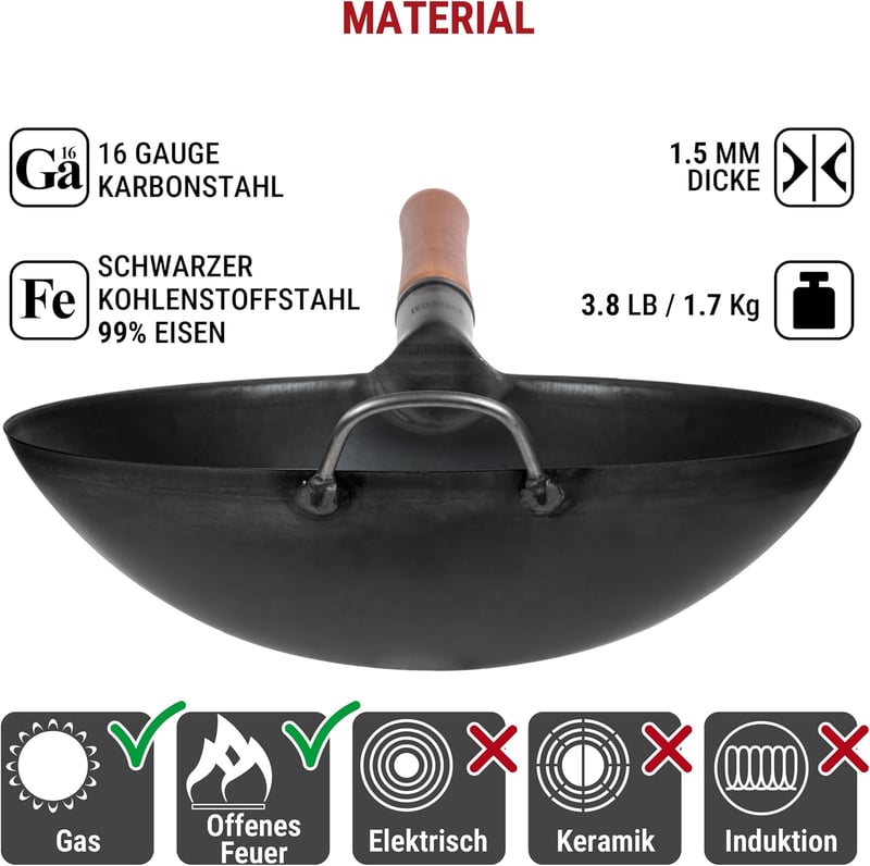 YOSUKATA 36 cm-es szénacél wok serpenyő gázfőzőhöz