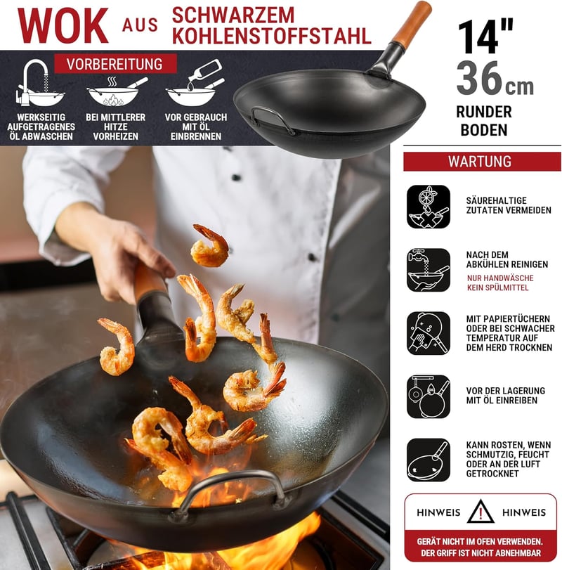 YOSUKATA 36 cm-es szénacél wok serpenyő gázfőzőhöz