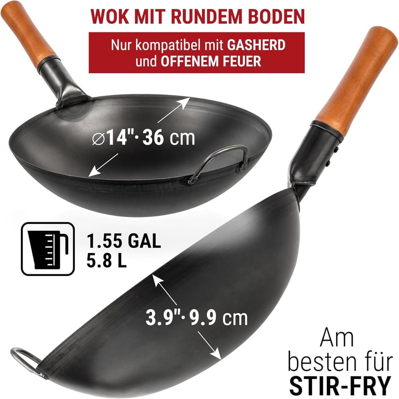 YOSUKATA 36 cm-es szénacél wok serpenyő gázfőzőhöz