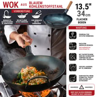 Wok YOSUKATA cu fund plat din oțel carbon albastru, 34 cm - Tigaie Wok rezistentă la temperaturi înalte 3