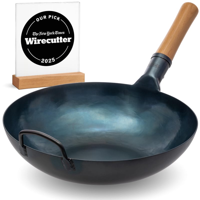 Wok YOSUKATA cu fund plat din oțel carbon albastru, 34 cm - Tigaie Wok rezistentă la temperaturi înalte