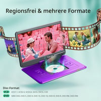 Prenosný DVD prehrávač Yoton s 17,5-palcovou uhlopriečkou, 15,6-palcovým otočným HD displejom, fialový, vhodný do auta a pre deti, USB/SD/AV, 4 – 6-hodinová výdrž batérie 6