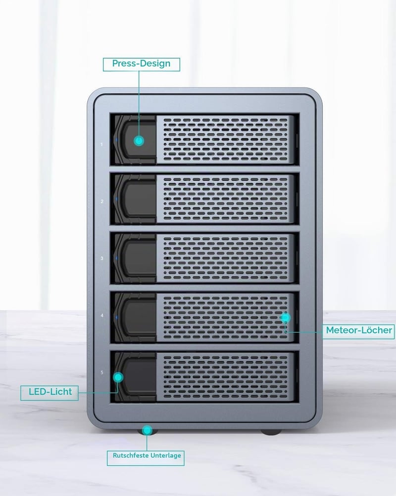 Yottamaster 5 részes RAID merevlemez ház, alumínium, USB 3.0, 3,5"/2,5" HDD/SSD