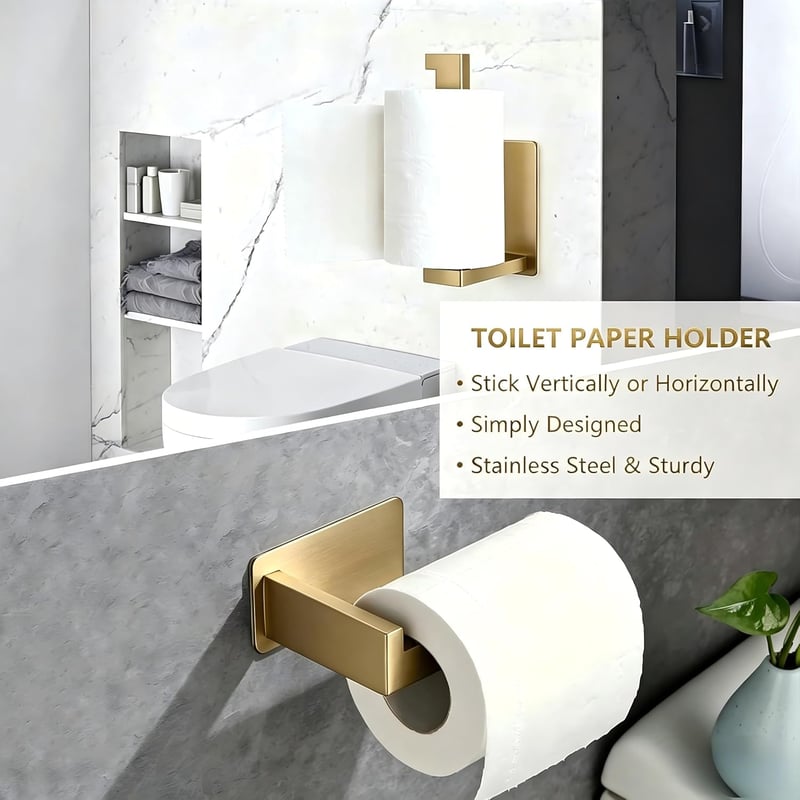 youbeautify Rozsdamentes Wc Papír Tartó Öntapadós Arany Fürdőszoba Akasztóval - Gold