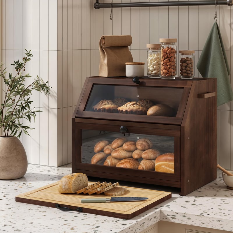 YOUDENOVA Eco chlebník s krájacou doskou, kuchynský box na uskladnenie, 39x26x32,5 cm, hnedý