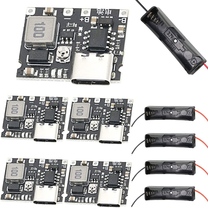 Youmile 18650 Li-ion Töltőmodul 5db + Elemtartó Doboz, 3.7V-5V/9V Boost Konverter