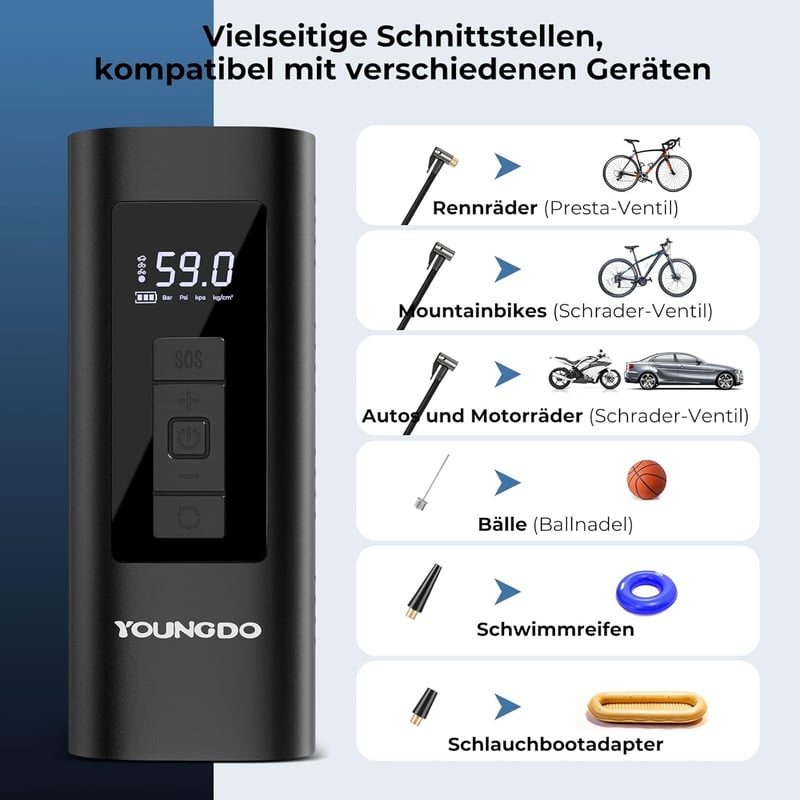 YOUNGDO 150 PSI elektromos kerékpáros pumpa 6000 mAh akkumulátorral