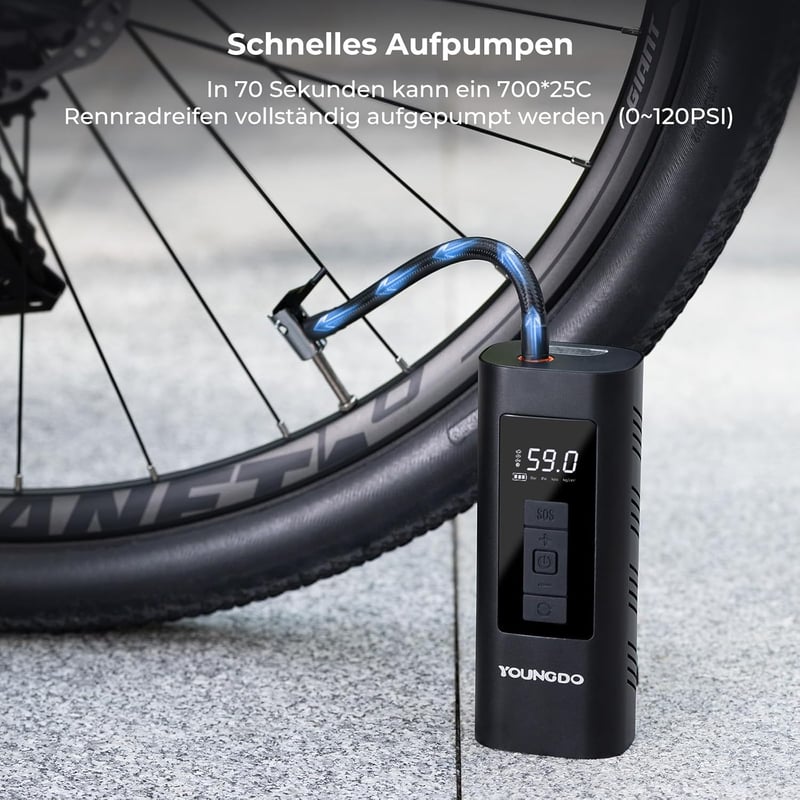 YOUNGDO 150 PSI elektromos kerékpáros pumpa 6000 mAh akkumulátorral