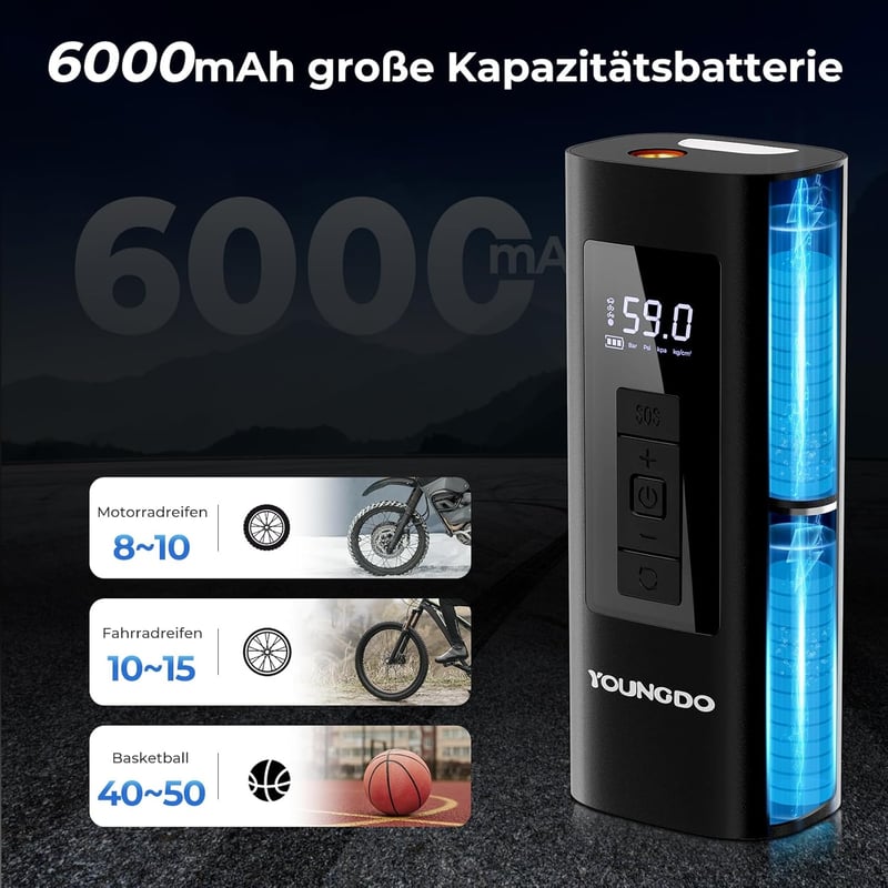 YOUNGDO 150 PSI elektromos kerékpáros pumpa 6000 mAh akkumulátorral