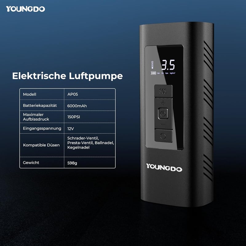YOUNGDO 150 PSI elektromos kerékpáros pumpa 6000 mAh akkumulátorral
