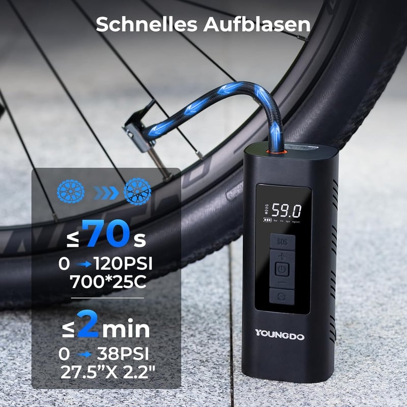 YOUNGDO 150 PSI elektromos kerékpáros pumpa 6000 mAh akkumulátorral