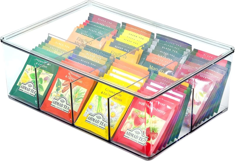 Organizator Youngever din plastic rigid pentru plicuri de ceai cu capac, cutie cu 8 compartimente pentru depozitarea plicurilor de ceai, recipient alimentar reutilizabil