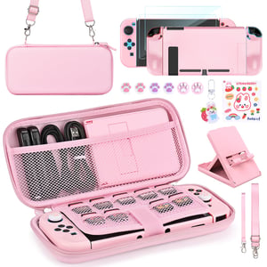 Pachet de accesorii 17-în-1 Younik pentru Nintendo Switch, pentru fete - Husă de transport cu 9 sloturi pentru jocuri, suport, carcasă de protecție, roz, desigilat