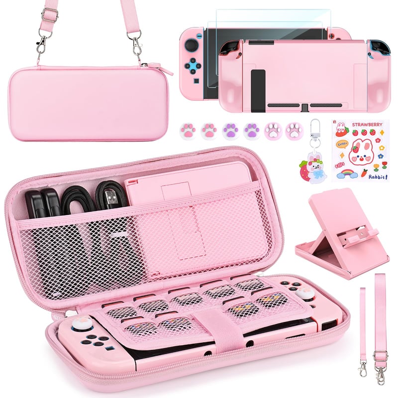 Younik Nintendo Switch Kiegészítő Csomag 17 az 1-ben Lányoknak - Hordtáska 9 játékkártya-tartóval, Állvány, Védőtok, Rózsaszín