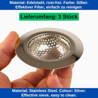 Your Day Mate Nerezové sitko do drezu, 3 ks – vonkajší priemer 70 mm, vnútorný priemer 44 mm, hĺbka 18 mm – kuchynský drez, sprcha, vaňa, sitko na zachytávanie vlasov 3