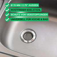 Your Day Mate Nerezové sitko do drezu, 3 ks – vonkajší priemer 70 mm, vnútorný priemer 44 mm, hĺbka 18 mm – kuchynský drez, sprcha, vaňa, sitko na zachytávanie vlasov 2