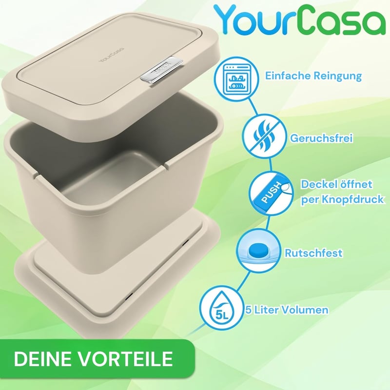 YourCasa 5L Szagtalan Komposztáló Edény Krém Színben Nyomógombbal