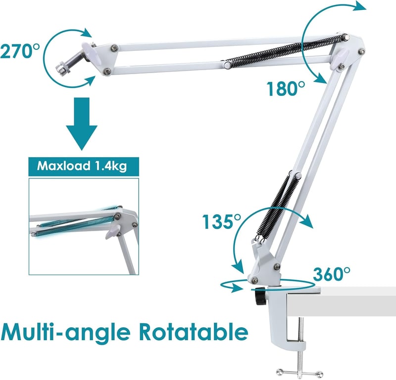 YOUSHARES fehér mikrofon boom kar állvány forgatható asztali tartó 3/8-5/8 adapterrel FIFINE AM8 XLR USB mikrofonhoz