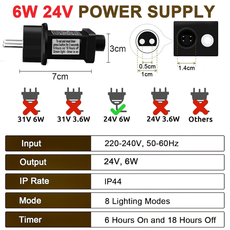 yowin 24V EU Adapter Fényfüzérekhez - 9 Világítási Mód, Időzítő, Memória Funkcióval, IP44 Vízálló Transzformátor Karácsonyi Fényekhez, Jégcs