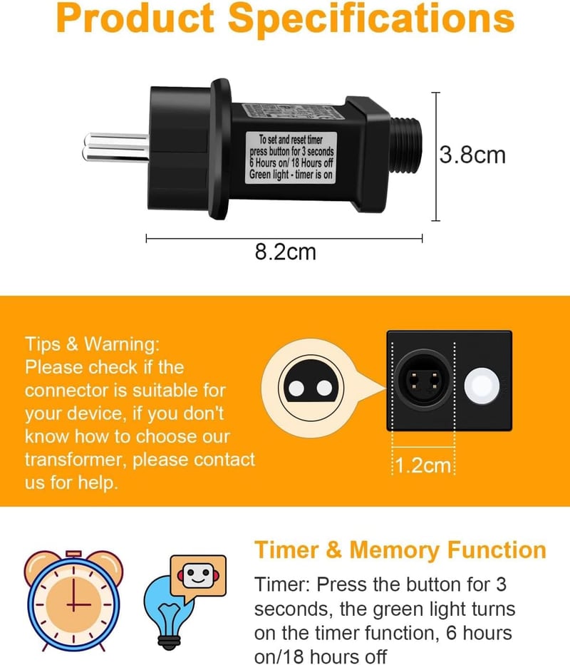 yowin EU Csatlakozó Fényfüzérekhez - 31V 9 Üzemmódú Adapter Időzítővel, Memória Funkcióval, IP44 Vízálló Transzformátor Karácsonyi Világítás