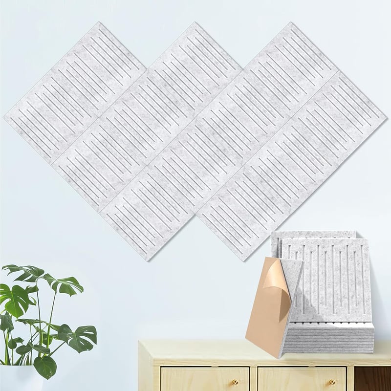 Yrendenge Csíkos Akusztikai Panelek 12 db, Öntapadós Hangszigetelő Falburkolat 30x30cm Szürke, Stúdió Hangelnyelő Panel