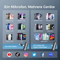 Bezdrôtový klopový mikrofón YRF pre iPhone a telefóny so systémom Android, 2,4 GHz Plug and Play, konektor USB-C a Lightning, klopový mikrofón na vlogovanie, TikTok, nahrávanie videa, sivý 7