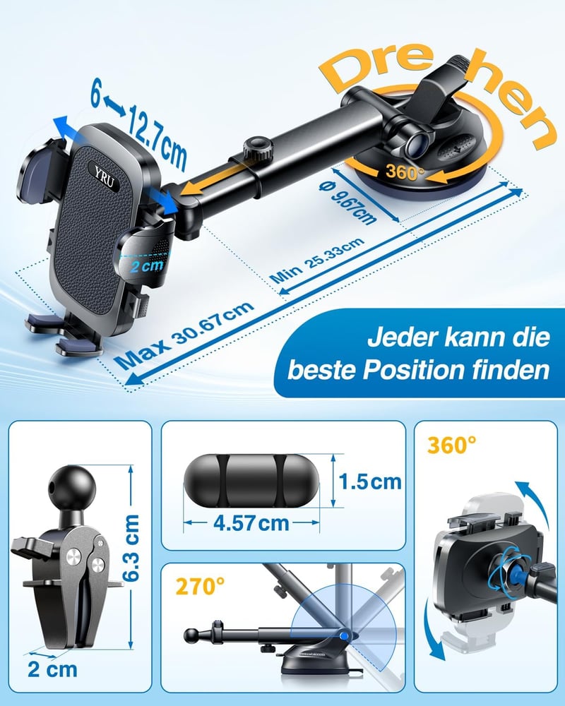 YRU Autós Telefontartó 360° Forgó Szélvédő és Légcsatorna Rögzítés iPhone 16 15 14 13 Pro Max