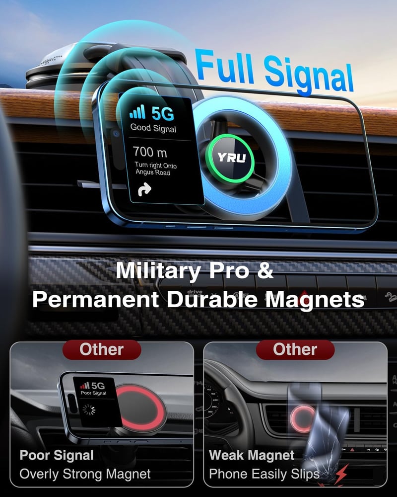 YRU MagSafe Autós Telefontartó Mágnes, Szellőzőrácsra és Műszerfalra, iPhone Android