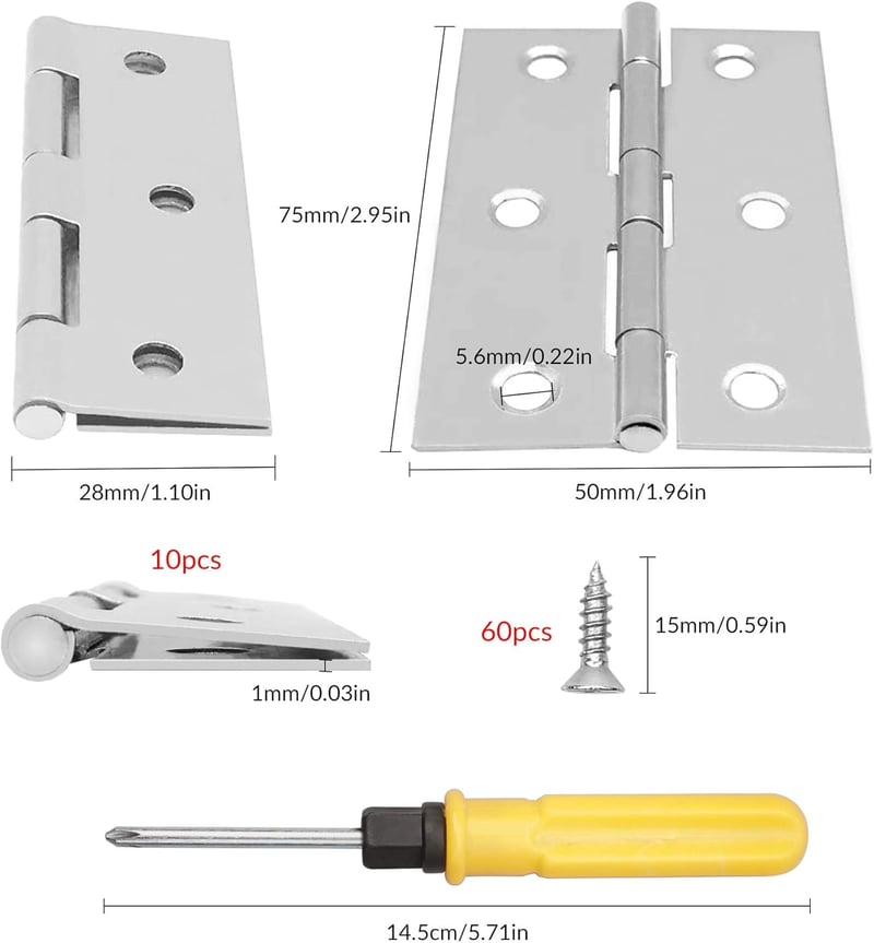 YSDMY Rozsdamentes Ajtócsalád 75x50mm 10db Zsanér Csavarokkal és Csavarhúzóval