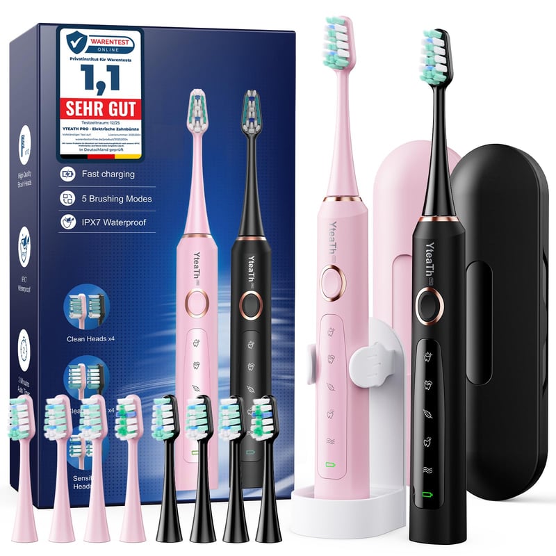 Set periuță de dinți sonică YTEATH PRO, 2 bucăți - Pentru adulți și copii, 8 capete de schimb (2 tipuri), 5 moduri de periaj, autonomie de 90 de zile, temporizator de 2 minute, etui de călătorie