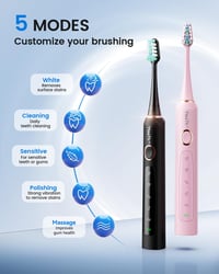 Set periuță de dinți sonică YTEATH PRO, 2 bucăți - Pentru adulți și copii, 8 capete de schimb (2 tipuri), 5 moduri de periaj, autonomie de 90 de zile, temporizator de 2 minute, etui de călătorie 3
