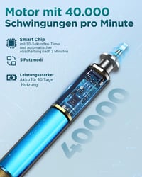 Periuță de dinți sonică YTEATH PRO pentru adulți și copii - cu 8 capete de schimb (3 tipuri), 5 moduri de periaj, baterie cu autonomie de 90 de zile, temporizator de 2 minute, etui de călătorie 8